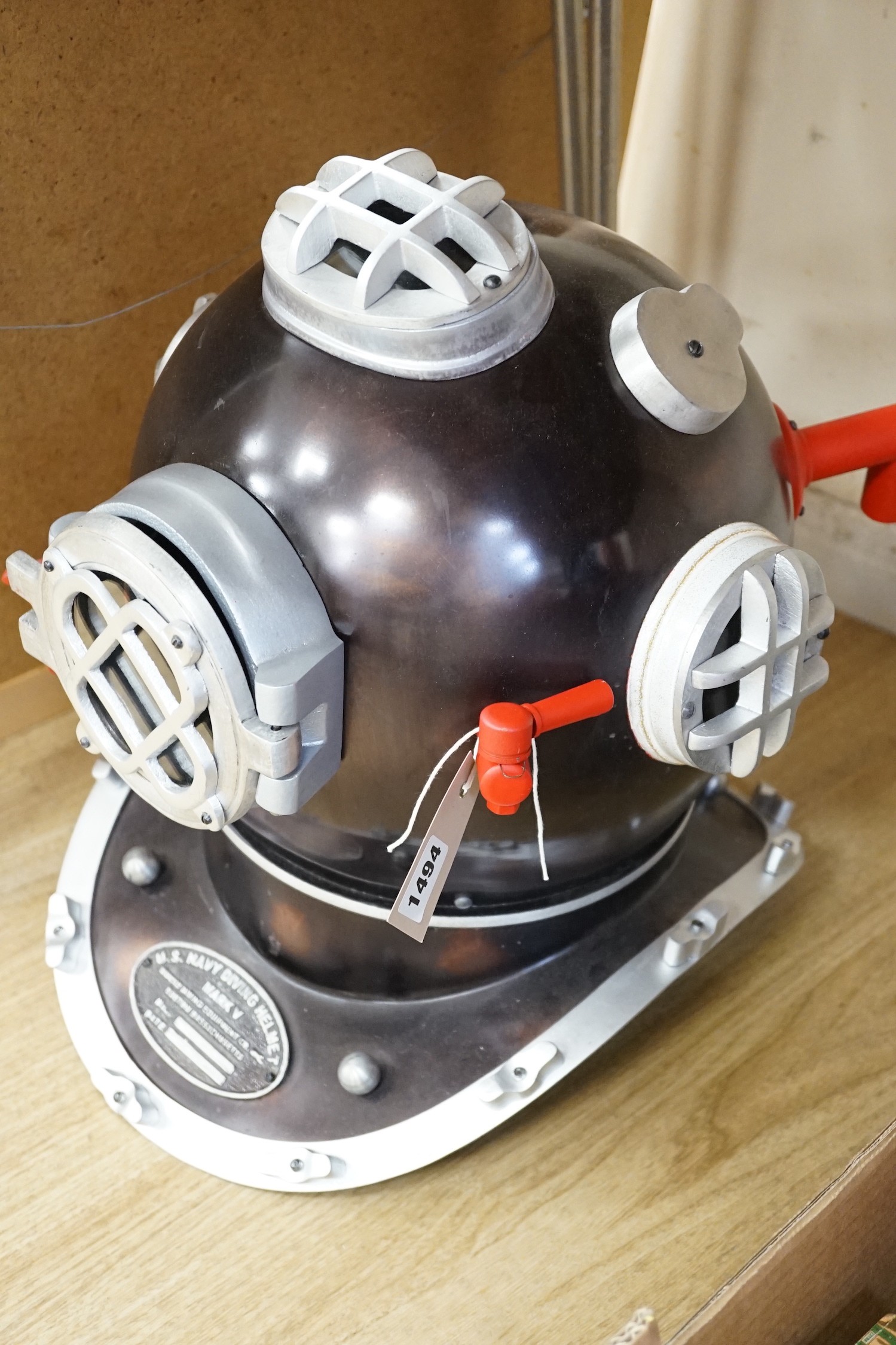 A replica US navy diving helmet